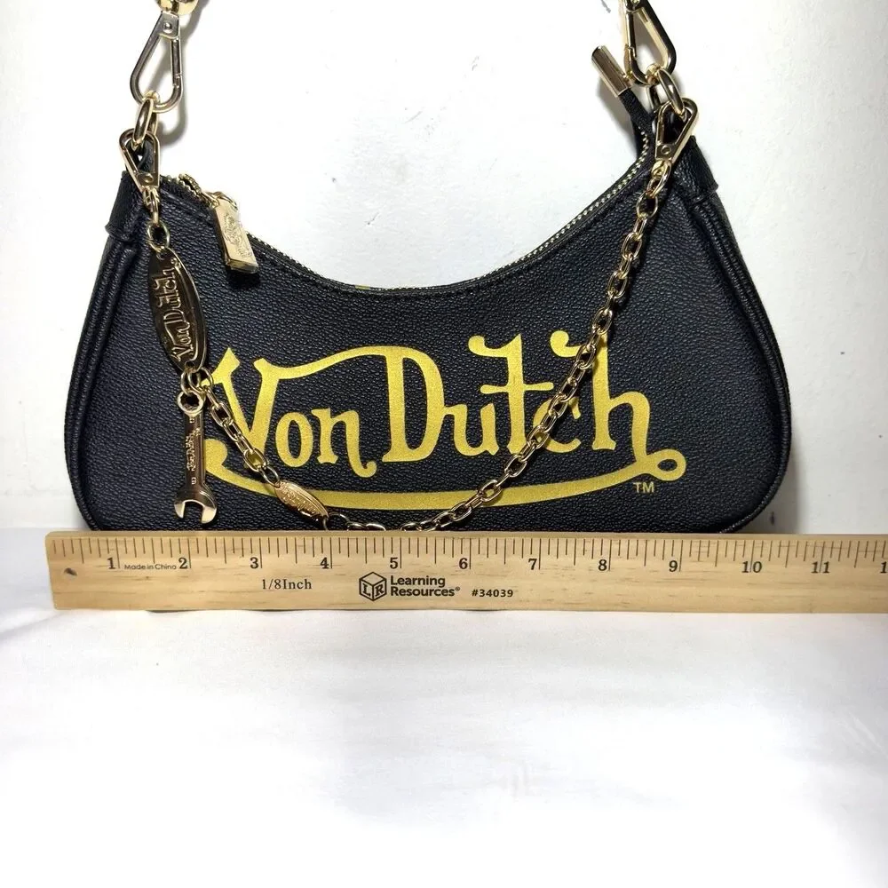 Von Dutch Classic Black Vegan Patent Logo Shoulder Bag Chain Wrench Charm NWOT